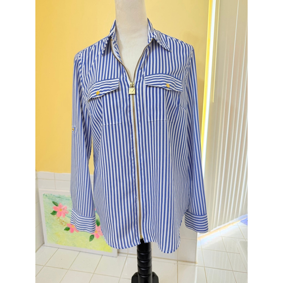 Michael Kors Tops - Women's Michael Kors Striped Full Zip Shirt, Size L, Blue/White